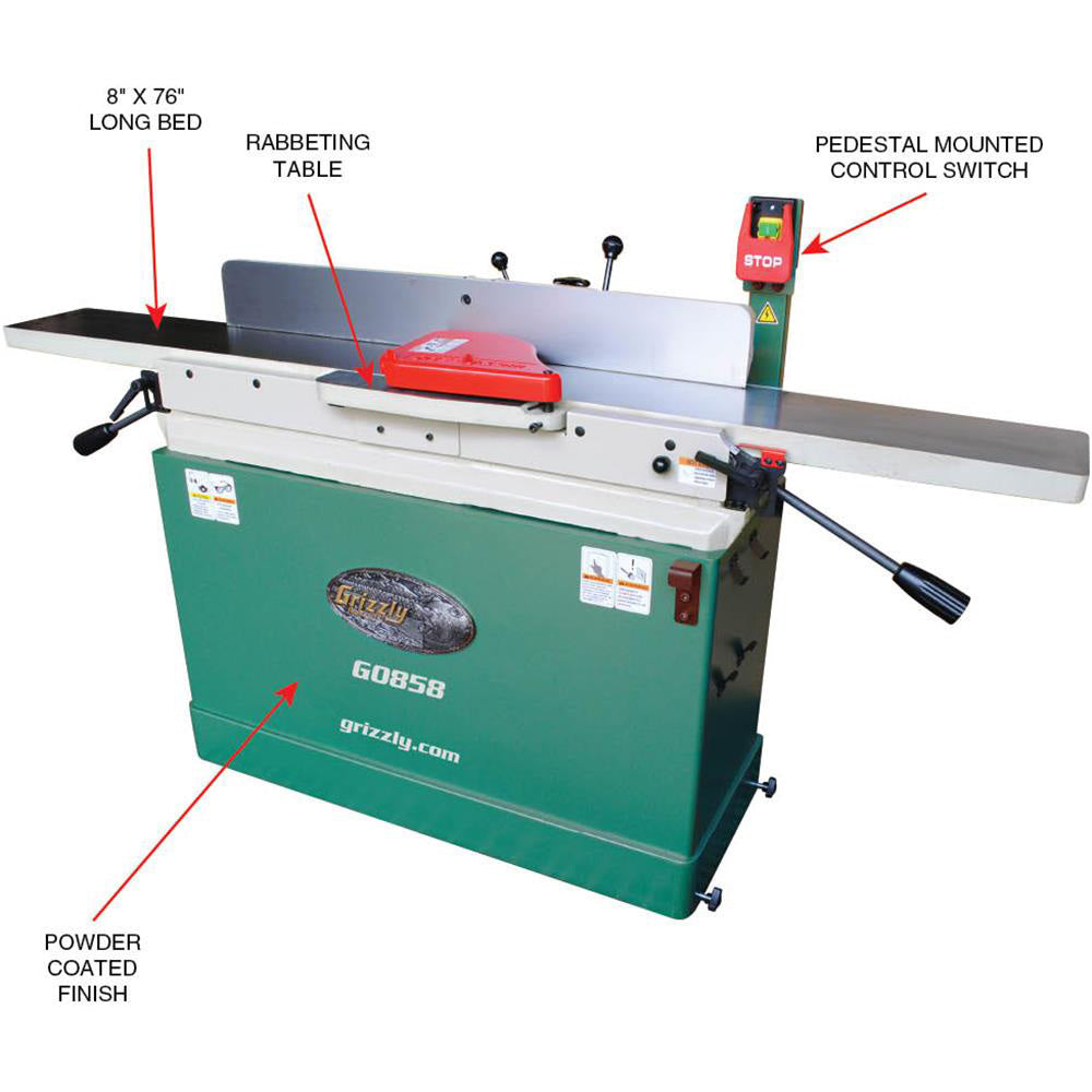 Grizzly G0858 230V 8 x 76 Parallelogram Jointer Spiral Cutterhead Mobile Base