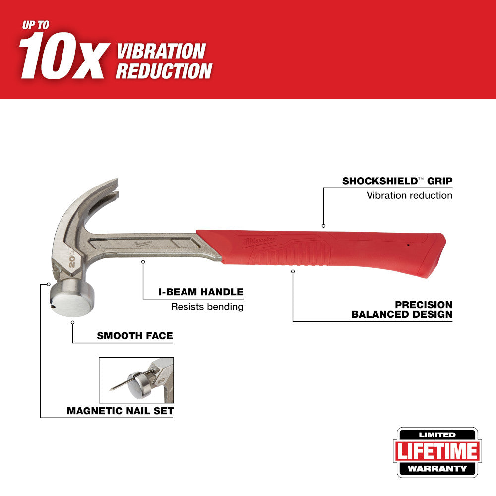 Milwaukee 48-22-9080PB 20oz Curved Claw Smooth Face Hammer w/ 15" Pry Bar