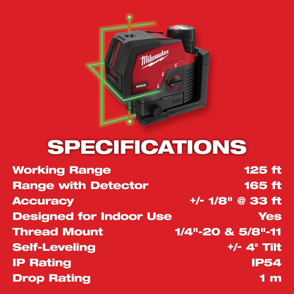 Milwaukee 3622-21 M12 12V Li-Ion Green Cross Line Laser Level Kit w/Plumb Points