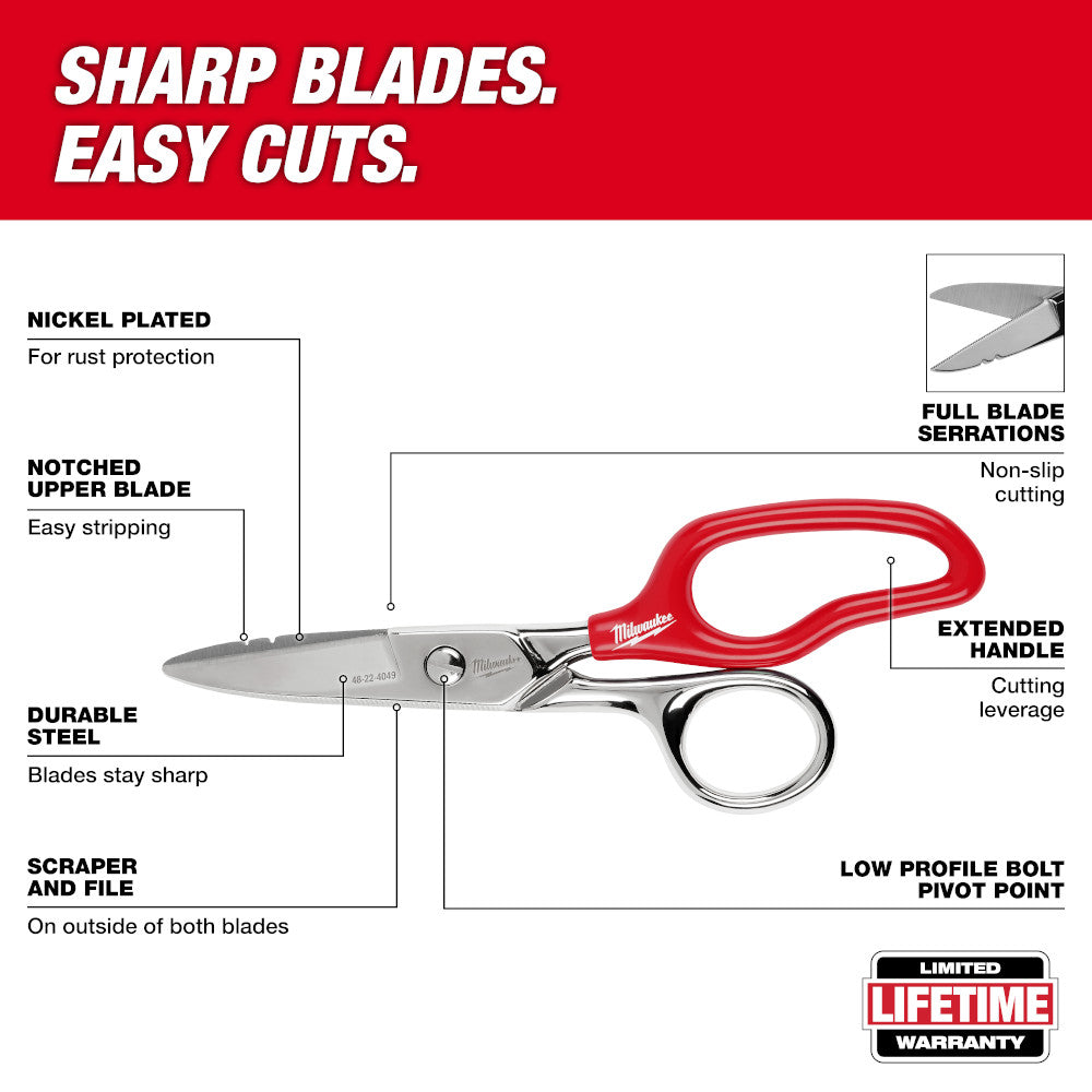 Milwaukee 48-22-4049 Durable Sharp Steel Electrician Scissors w/ Extended Handle