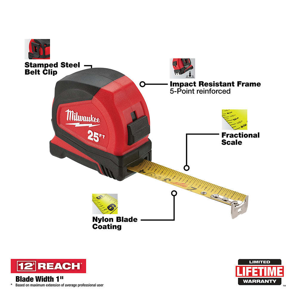 Milwaukee 48-22-6625 25-Foot Nylon Bond Blade Reinforced Frame Tape Measure