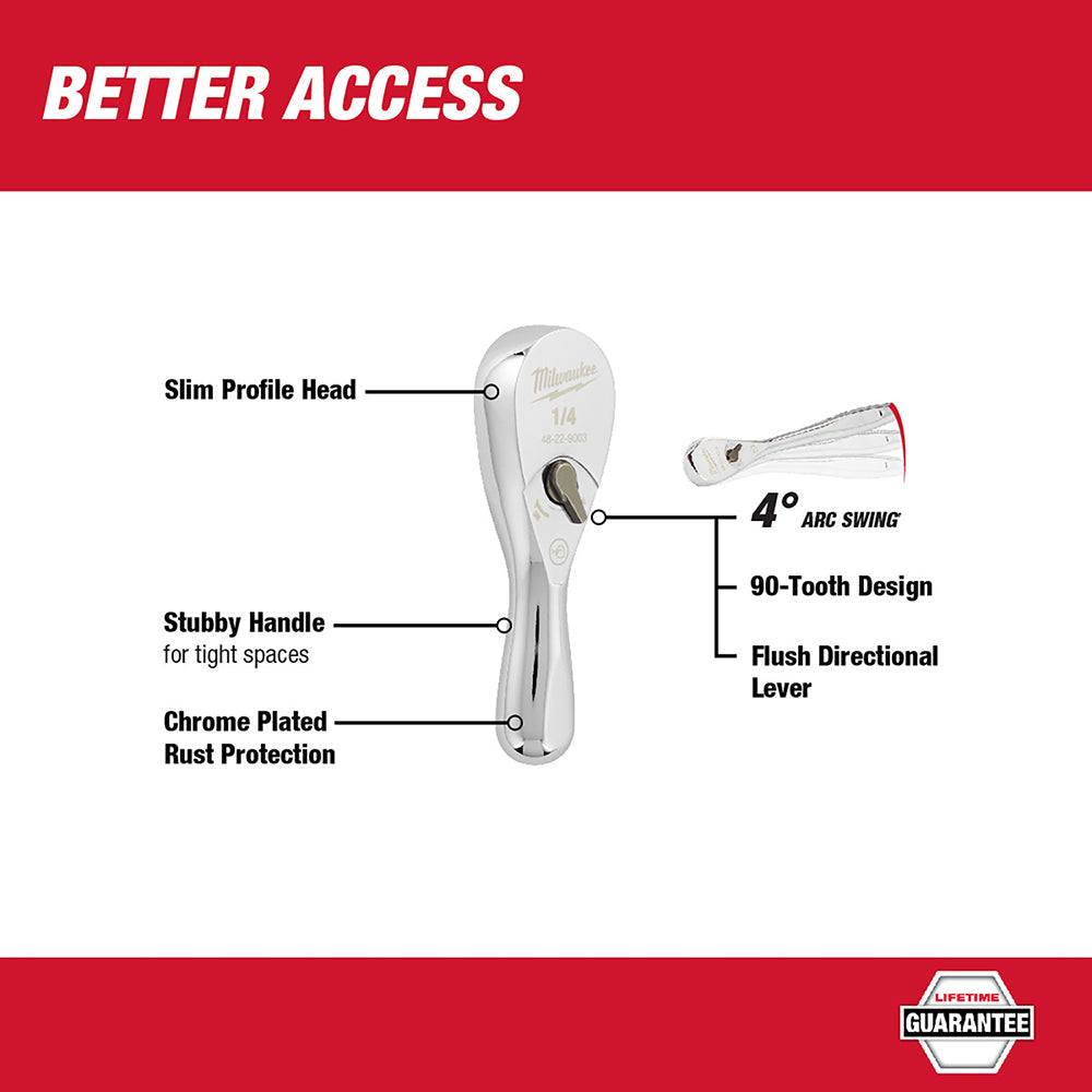 Milwaukee 48-22-9003 1/4” Drive 3" Ratchet Chrome Plated w/ Stubby Handle