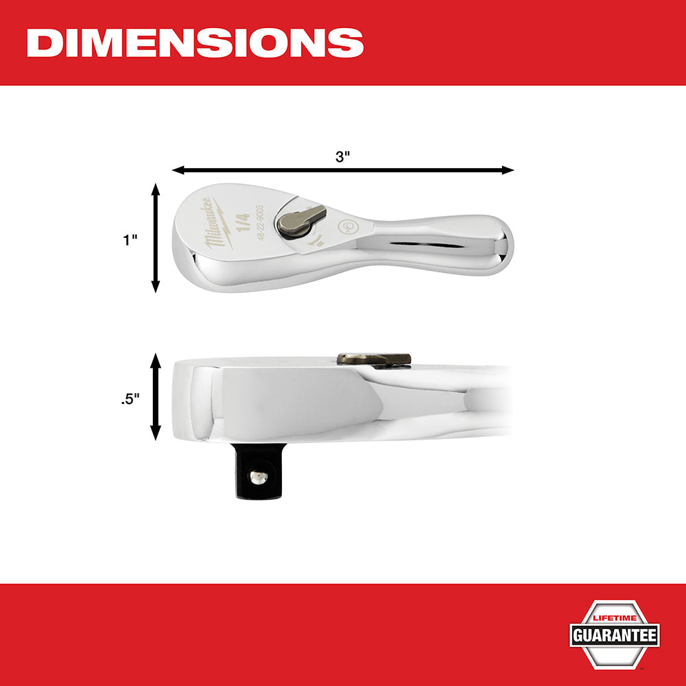 Milwaukee 48-22-9003 1/4” Drive 3" Ratchet Chrome Plated w/ Stubby Handle
