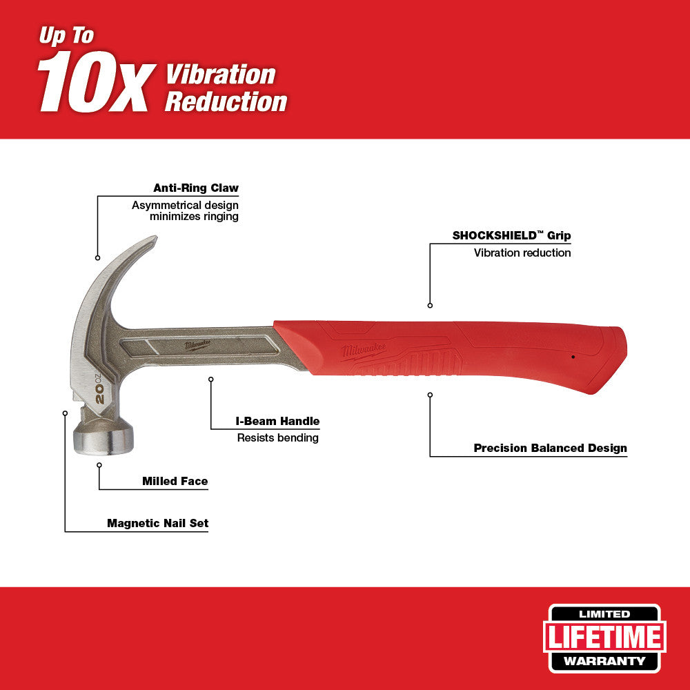 Milwaukee 48-22-9080 20oz Curved Claw Smooth Face Hammer w/ ShockShield Grip