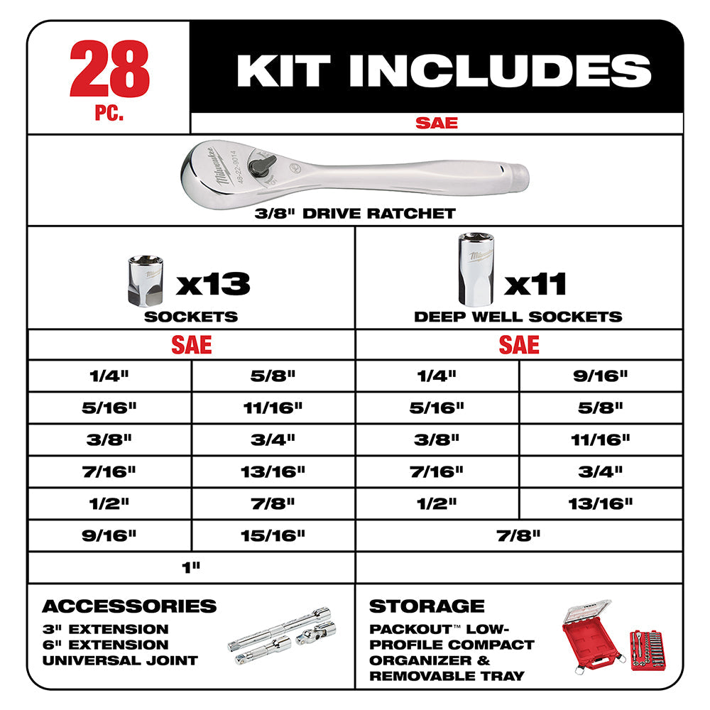 Milwaukee 48-22-9481 3/8” Ratchet SAE Mechanics Tool Set w/ Packout Case - 28pc