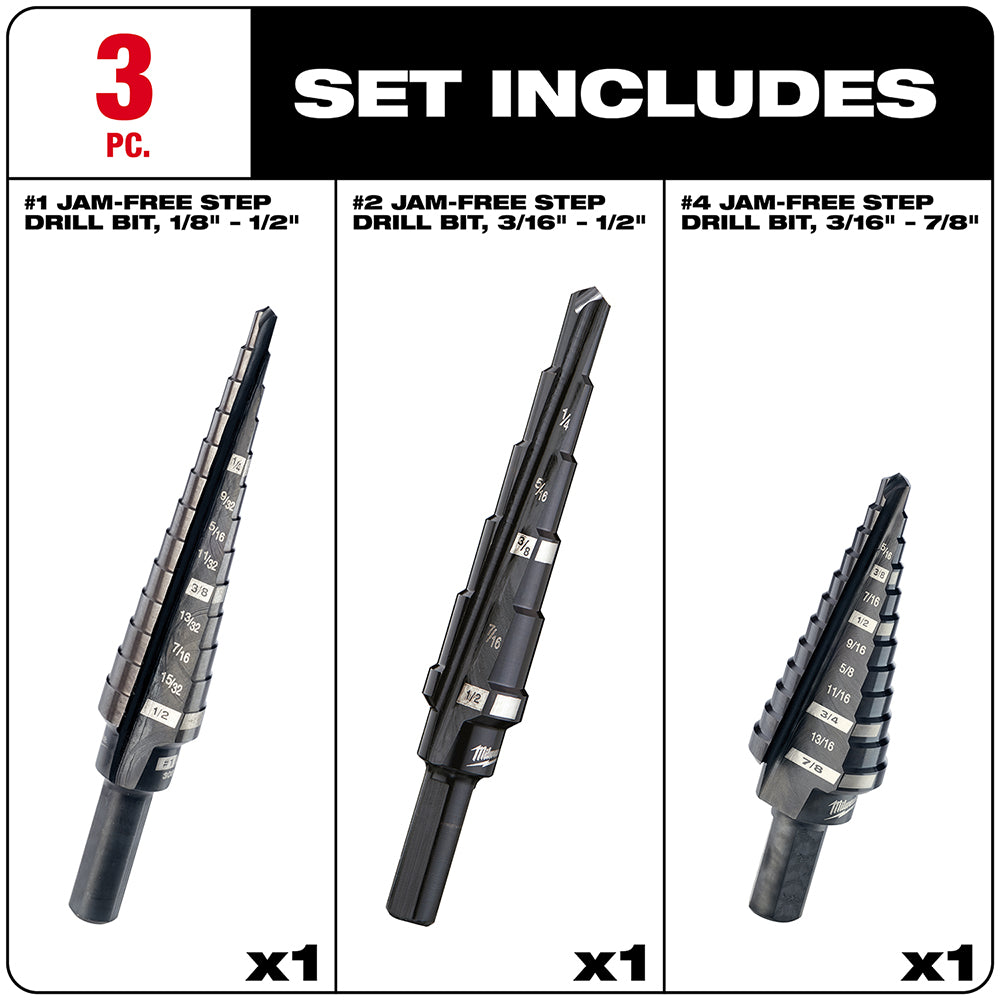 Milwaukee 48-89-9221 3-Flat Black Oxide Jam-Free Step Drill Bit Set - 3pc