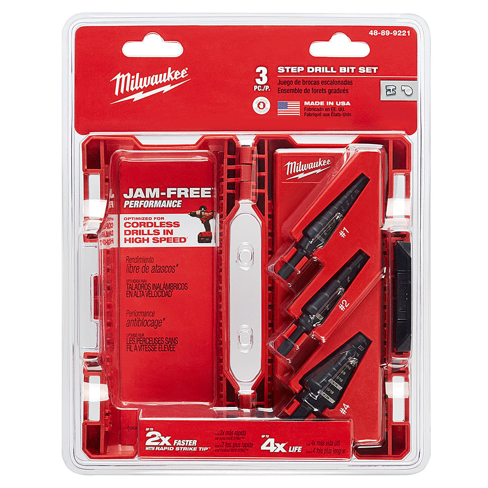 Milwaukee 48-89-9221 3-Flat Black Oxide Jam-Free Step Drill Bit Set - 3pc