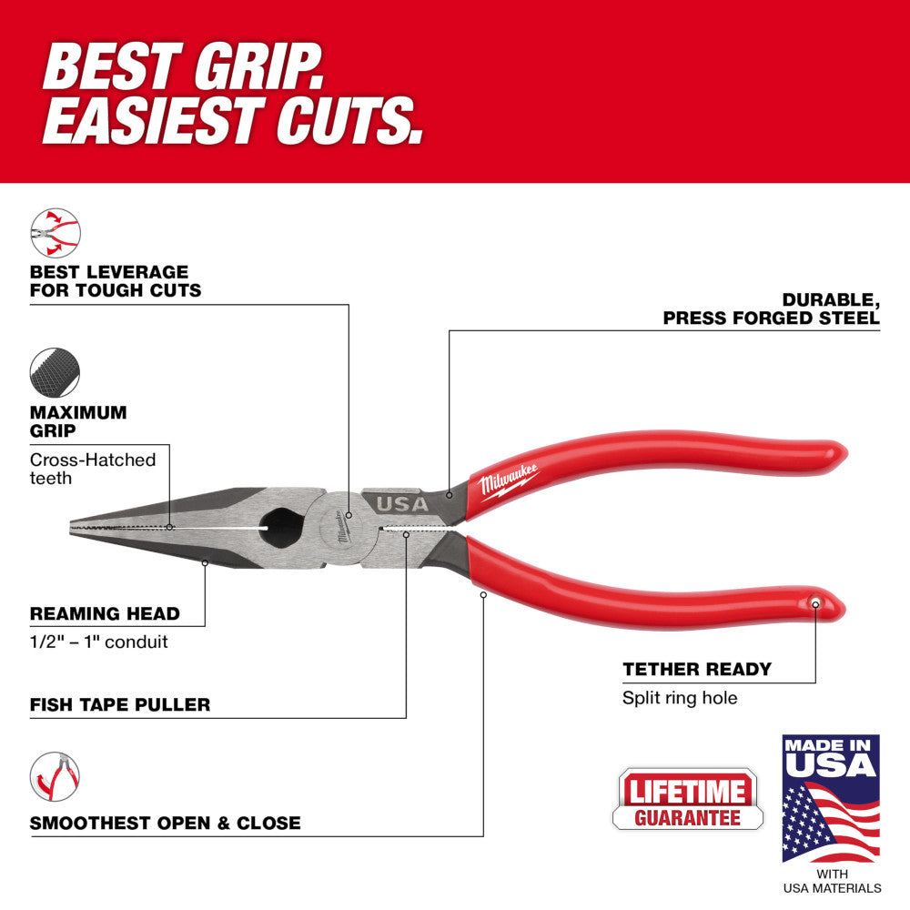 Milwaukee MT505 8" Long Nose Dipped Grip Pliers - Made In USA