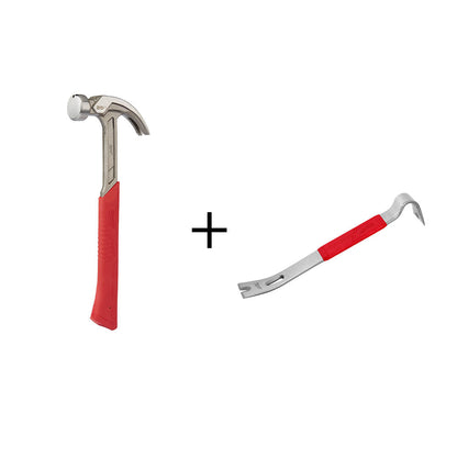 Milwaukee 48-22-9080PB 20oz Curved Claw Smooth Face Hammer w/ 15" Pry Bar