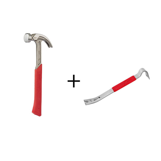 Milwaukee 48-22-9080PB 20oz Curved Claw Smooth Face Hammer w/ 15" Pry Bar