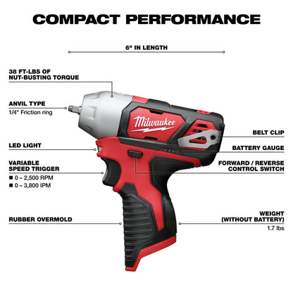 Milwaukee 2461-20 M12 12V 1/4-Inch Impact Wrench w/ Belt Clip - Bare Tool