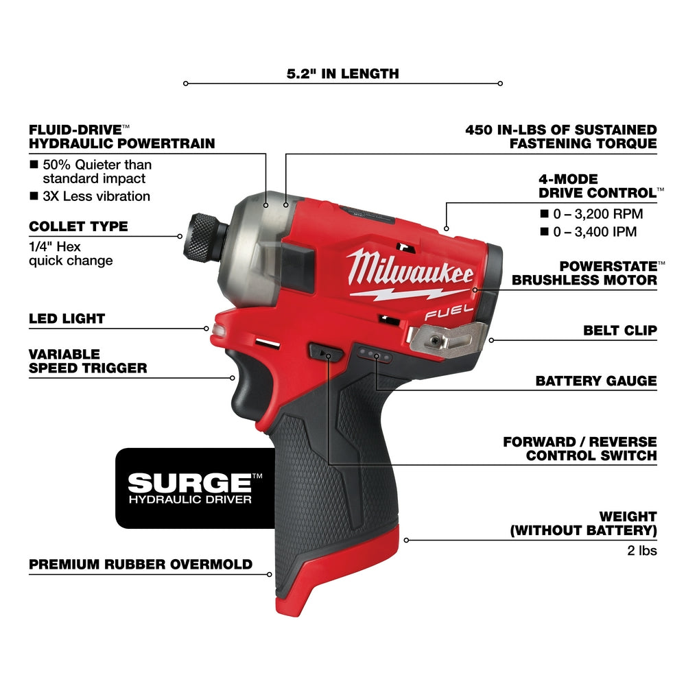 Milwaukee 2551-20 M12 FUEL SURGE 1/4 Inch Hex Hydraulic Driver - Bare Tool