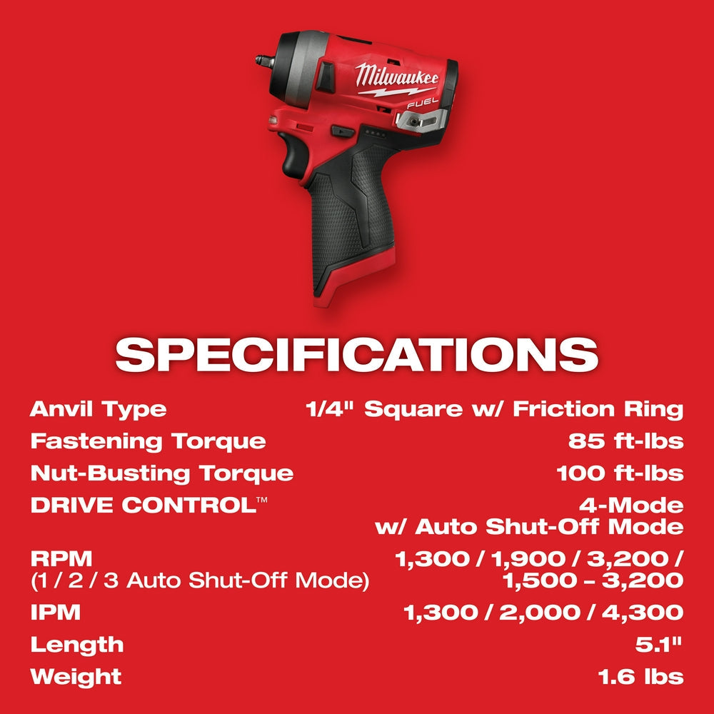 Milwaukee M12 2552-20 M12 FUEL 12V 1/4-Inch Stubby Impact Wrench - Bare Tool