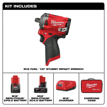 Milwaukee M12 2555-22 M12 FUEL 12V 1/2-Inch Cordless Stubby Impact Wrench Kit