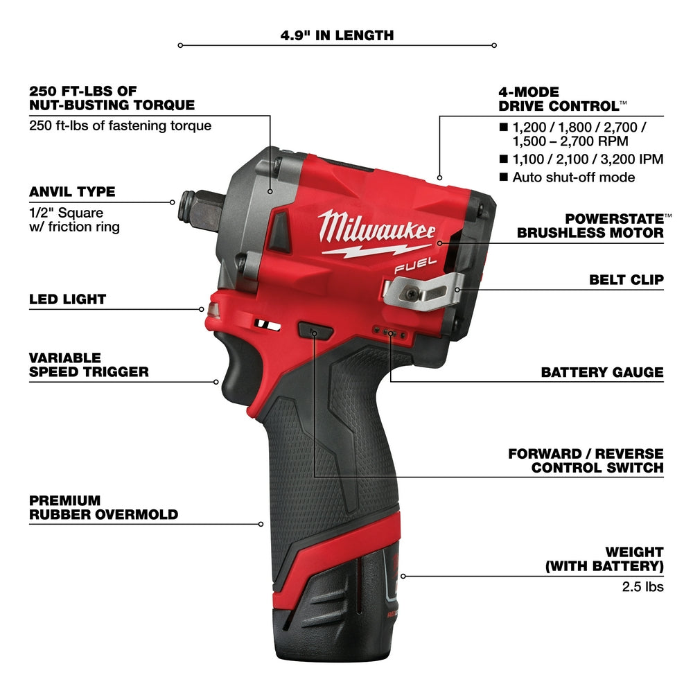 Milwaukee M12 2555-22 M12 FUEL 12V 1/2-Inch Cordless Stubby Impact Wrench Kit
