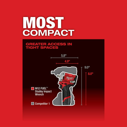 Milwaukee M12 2555-22 M12 FUEL 12V 1/2-Inch Cordless Stubby Impact Wrench Kit