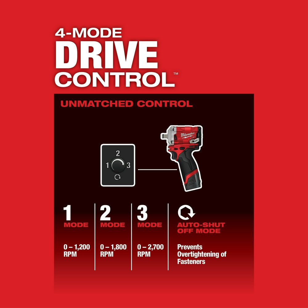 Milwaukee M12 2555-22 M12 FUEL 12V 1/2-Inch Cordless Stubby Impact Wrench Kit