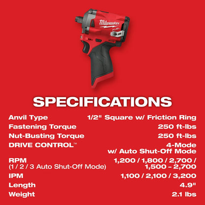 Milwaukee M12 2555-22 M12 FUEL 12V 1/2-Inch Cordless Stubby Impact Wrench Kit