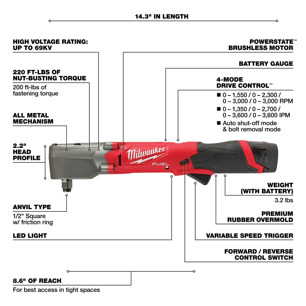 Milwaukee 2565-22 M12 FUEL 12V 1/2" Cordless Right Angle Impact Wrench Kit