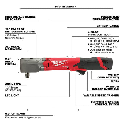 Milwaukee 2565-22 M12 FUEL 12V 1/2" Cordless Right Angle Impact Wrench Kit