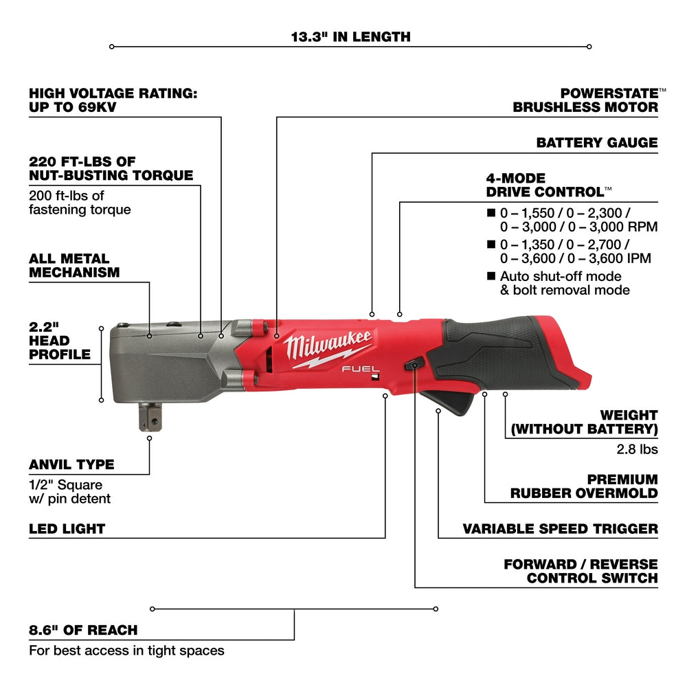 Milwaukee 2565P-20 M12 FUEL 12V 1/2" Li-Ion Right Angle Impact Wrench-Bare Tool