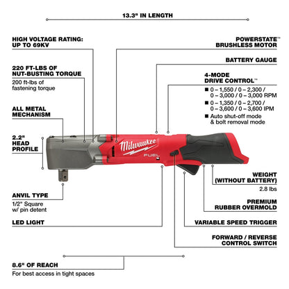 Milwaukee 2565P-20 M12 FUEL 12V 1/2" Li-Ion Right Angle Impact Wrench-Bare Tool