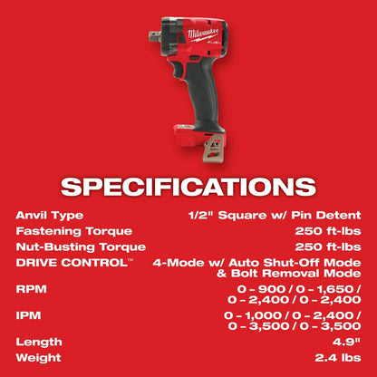 Milwaukee 2855P-20 M18 FUEL 18V 1/2" Impact Wrench w/ Pin Detent - Bare Tool