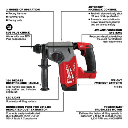Milwaukee 2912-20 M18 FUEL 18V 1" SDS Plus Brushless Rotary Hammer - Bare Tool