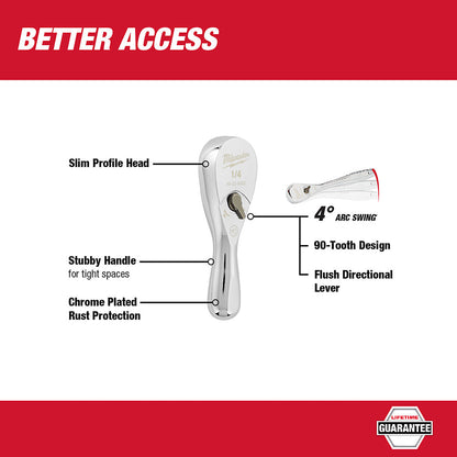 Milwaukee 48-22-9003 1/4” Drive 3" Ratchet Chrome Plated w/ Stubby Handle